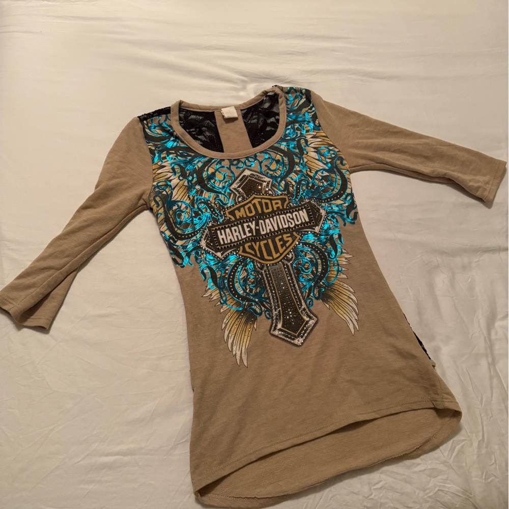 Harley Davidson Crystals Wings Ladies Bling Long Sleeve small Beige USA